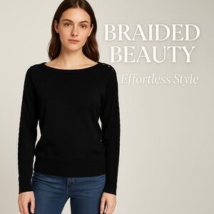 Black Braided Sleeve Sweater | Size M – Cozy Minimalist Knit, Soft & Lightweight